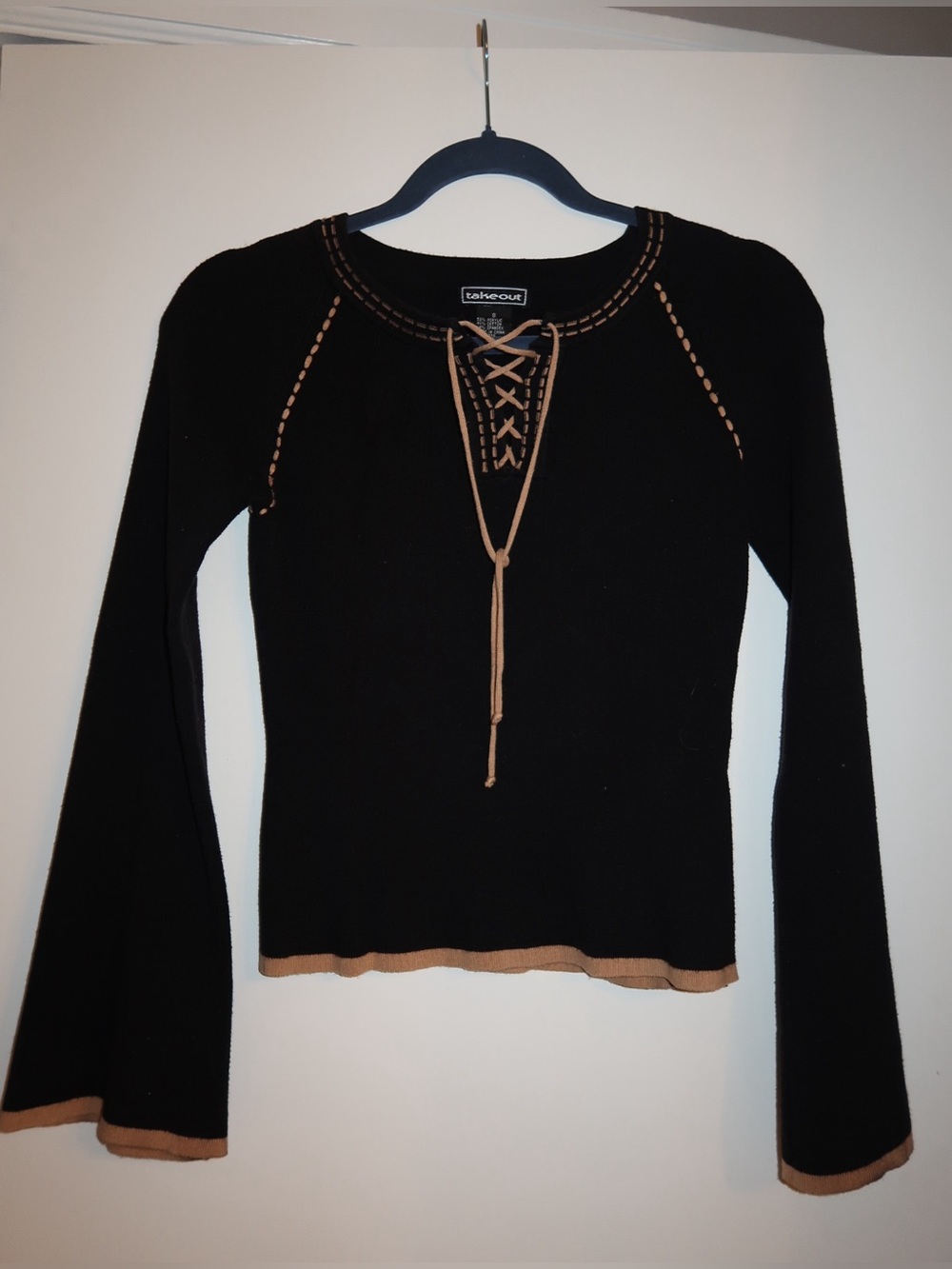 Takeout Black Long Sleeve Lace-Up Top with Brown Trim